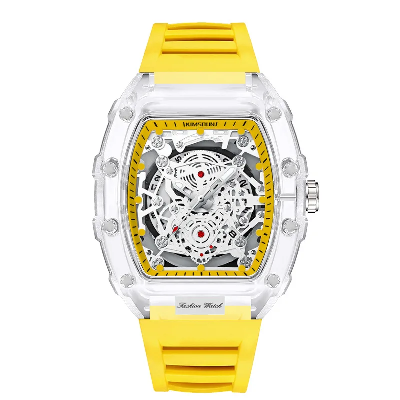 Relógios masculinos casuais da moda com função de calendário luminoso, pulseira de silicone, caixa transparente em formato tonneau, relógio de quartzo masculino para presente.