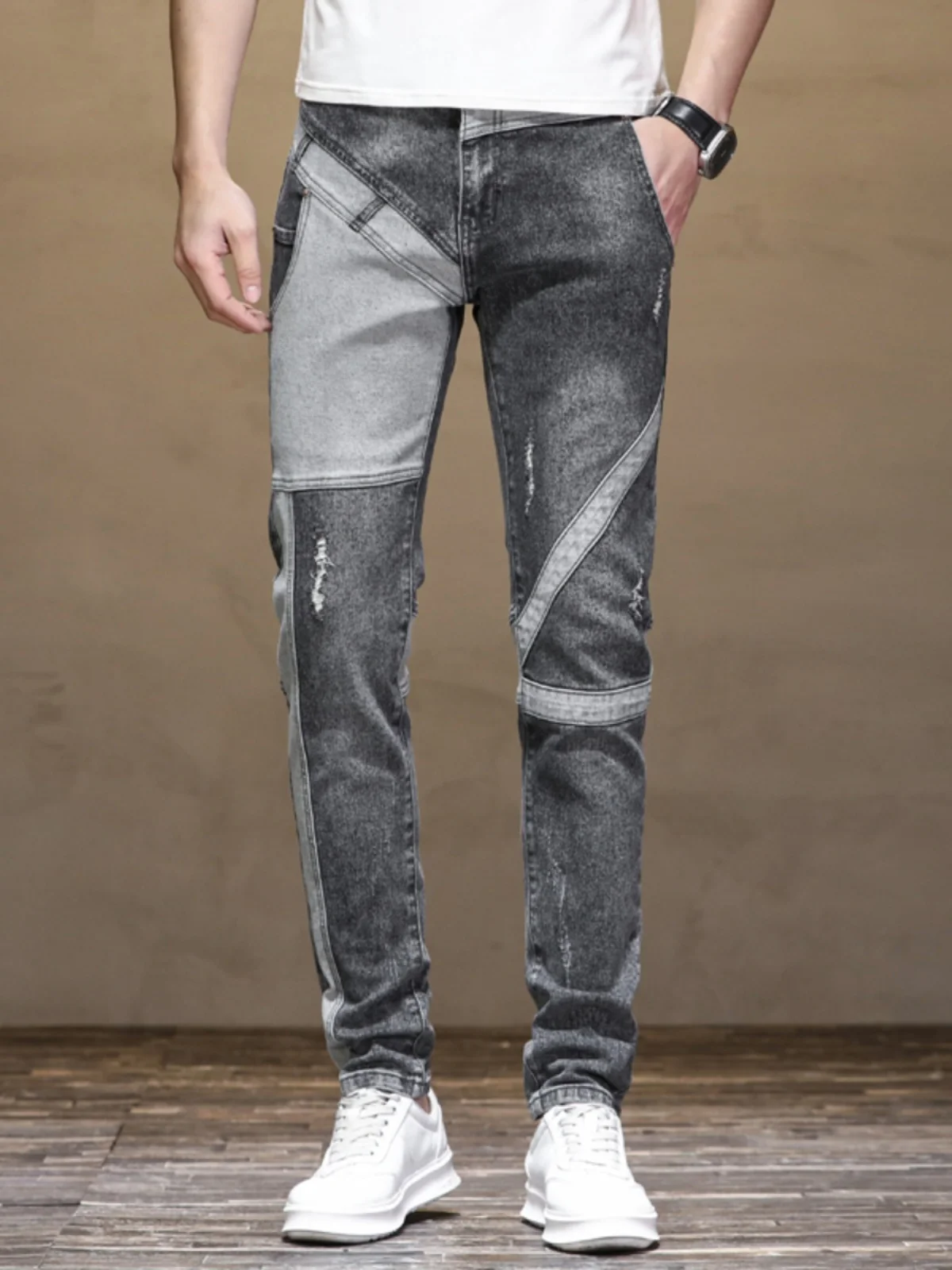 

Spring Autumn Fashionable Men's Jeans Slim Fit Hole Punch Elastic Splicing Casual Long Pants Cotton Stretch Denim Youth Popular