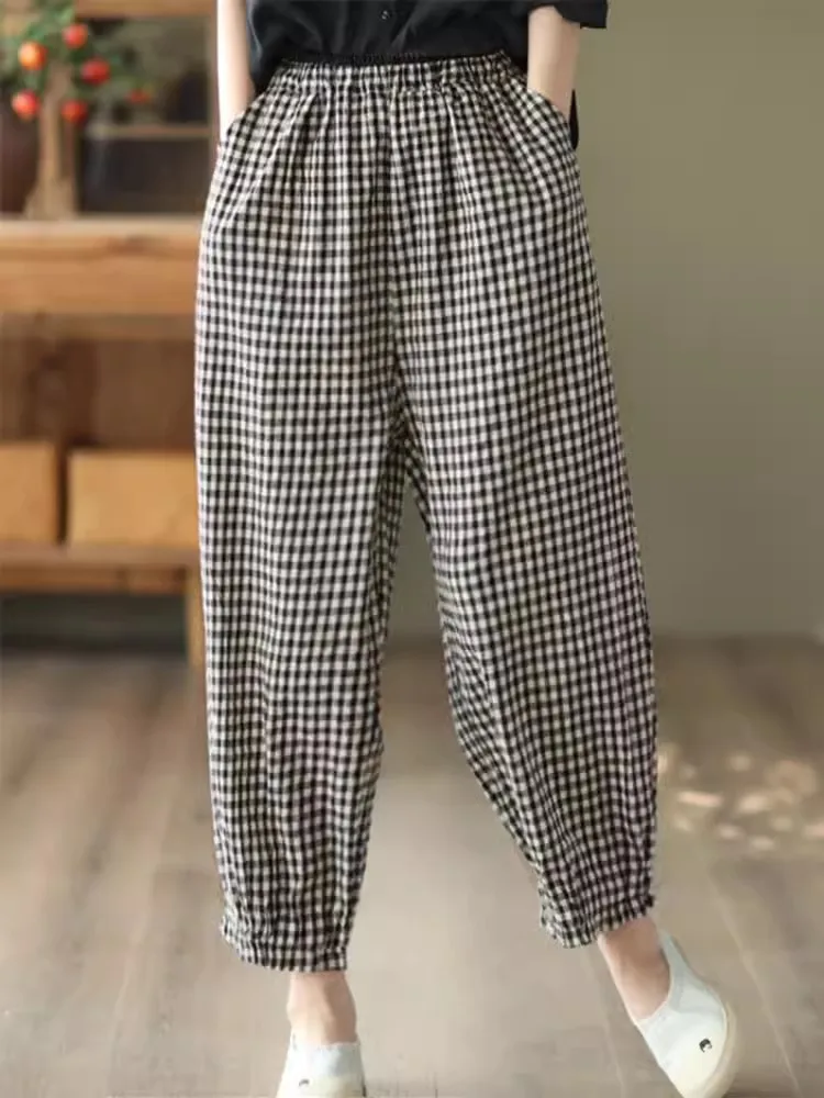 High Waist Harlan Pants Women's Thin Checkered Nine Points Loose Slimming Trousers Summer New Arrival Casual Simple Style
