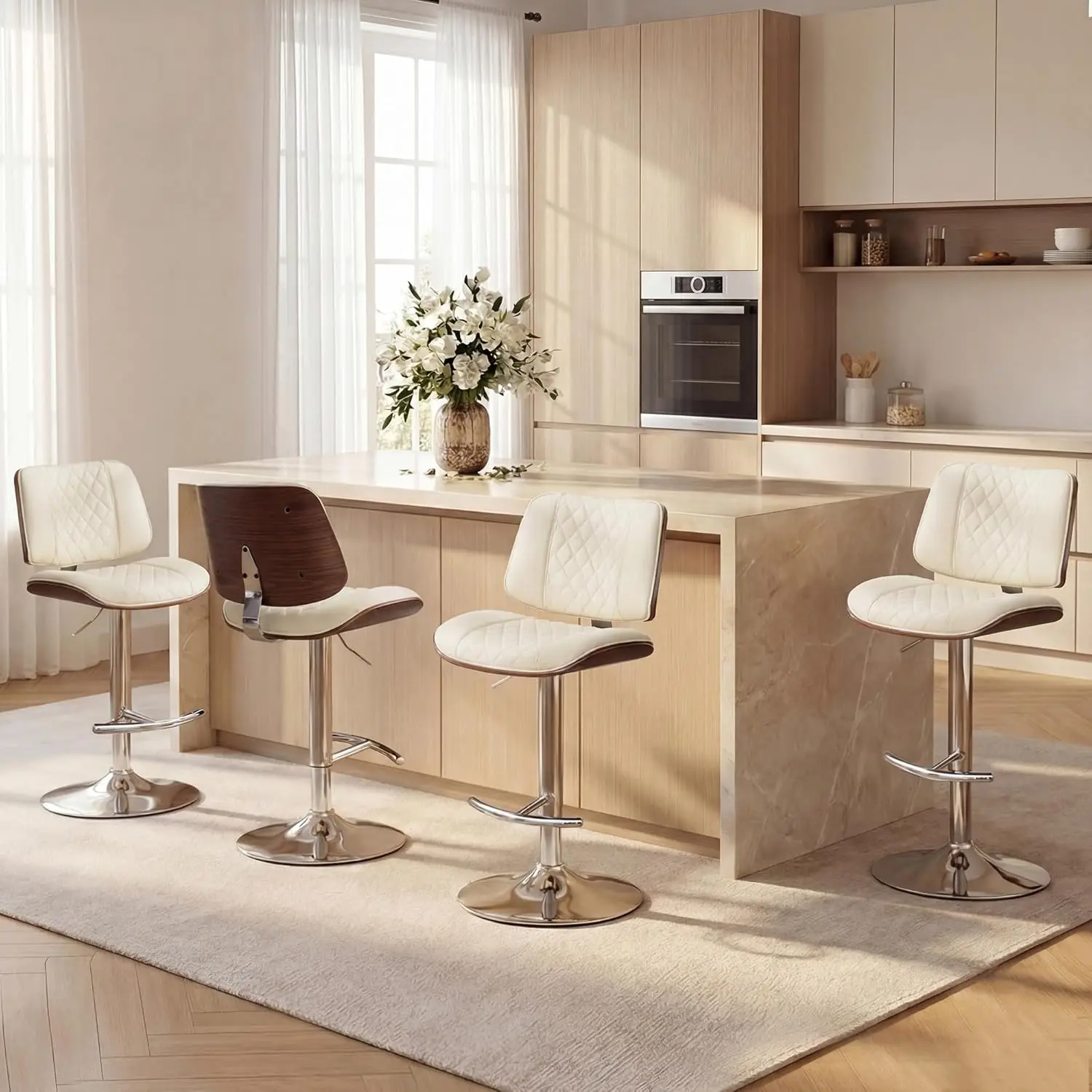 

Adjustable Swivel Counter Stool W Back & Footrest, Extra Tall Armless Kitchen Chair, White PU Leather, 4-Pack, Customized
