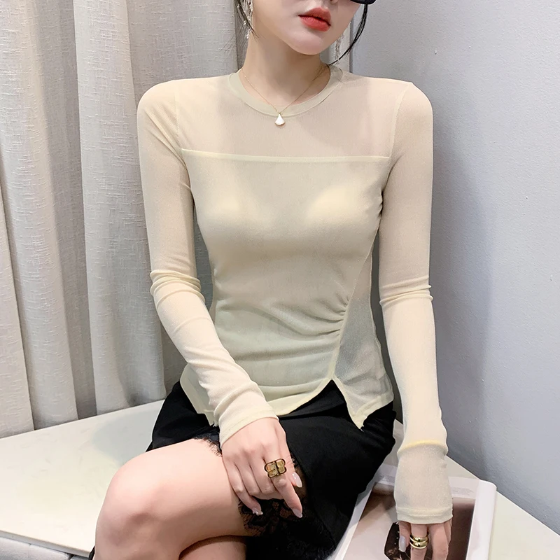 

New 2025 Spring Irregular Pleated Round Neck Mesh Tops Long Sleeved Solid Color Women's Tees M-3XL High Elasticity T-Shirt