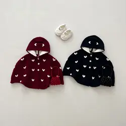 Winter New Baby Plus Velvet Thick Knitted Cloak Girls Heart Hooded Coat Infant Windproof Warm Shawl Children Outing Clothing