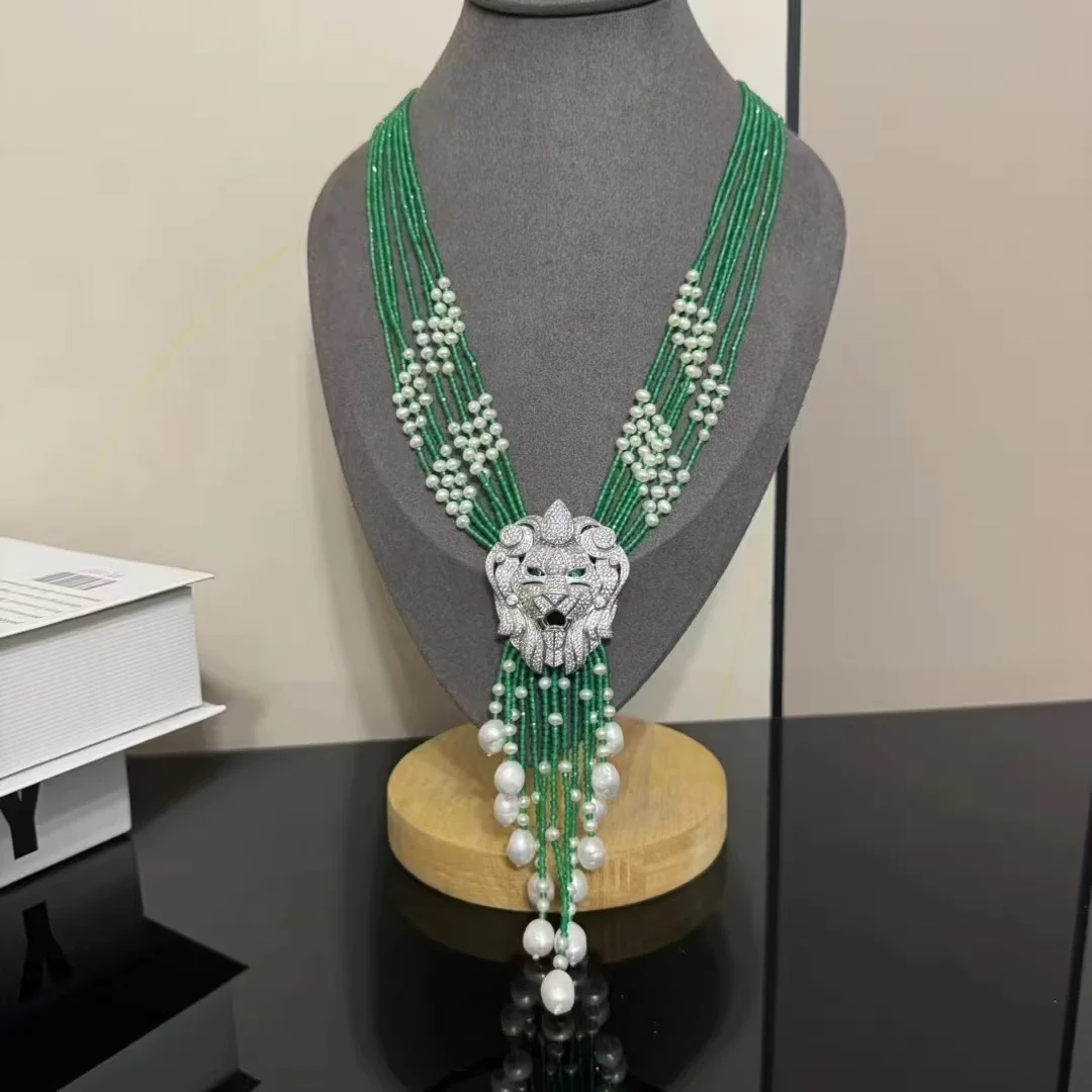 

Jewelry 7 Rows Freshwater Natural Rice Pear Faceted Ruby Green Jades Necklace Handmade For Women