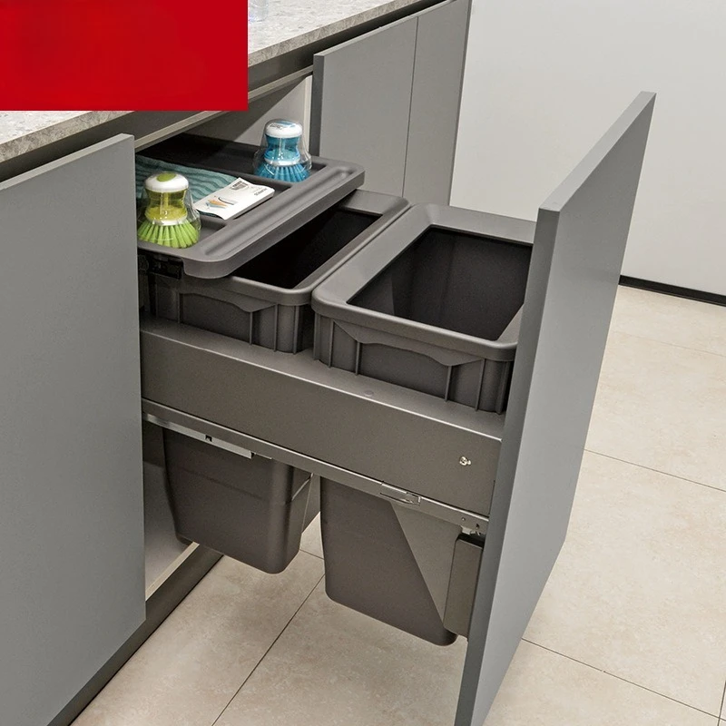 

Kitchen cabinet embedded trash can with lid concealed invisible built-in double bucket classification