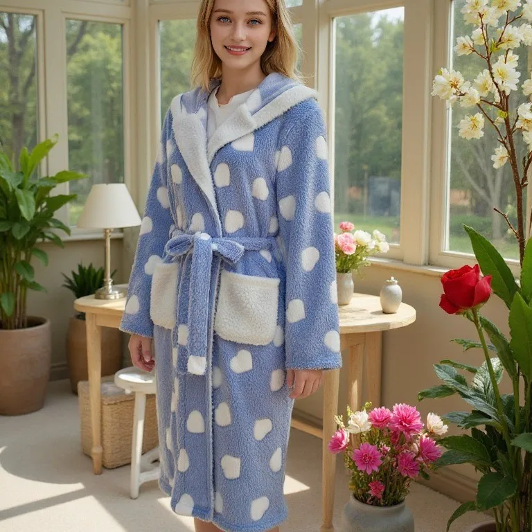 Flannel Nightgown For Warm And Comfortable Home Wear, Hooded Pajamas, Extended Blue Background, White Heart-shaped Design Winter