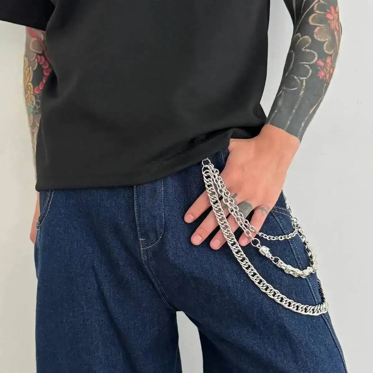 القوطي 2 أنماط متعدد الطبقات فضي اللون الجمجمة سلسلة الخصر حزام على شكل سلسلة بنطلون سلسلة الرجال الهيب هوب الجينز سلسلة مجوهرات