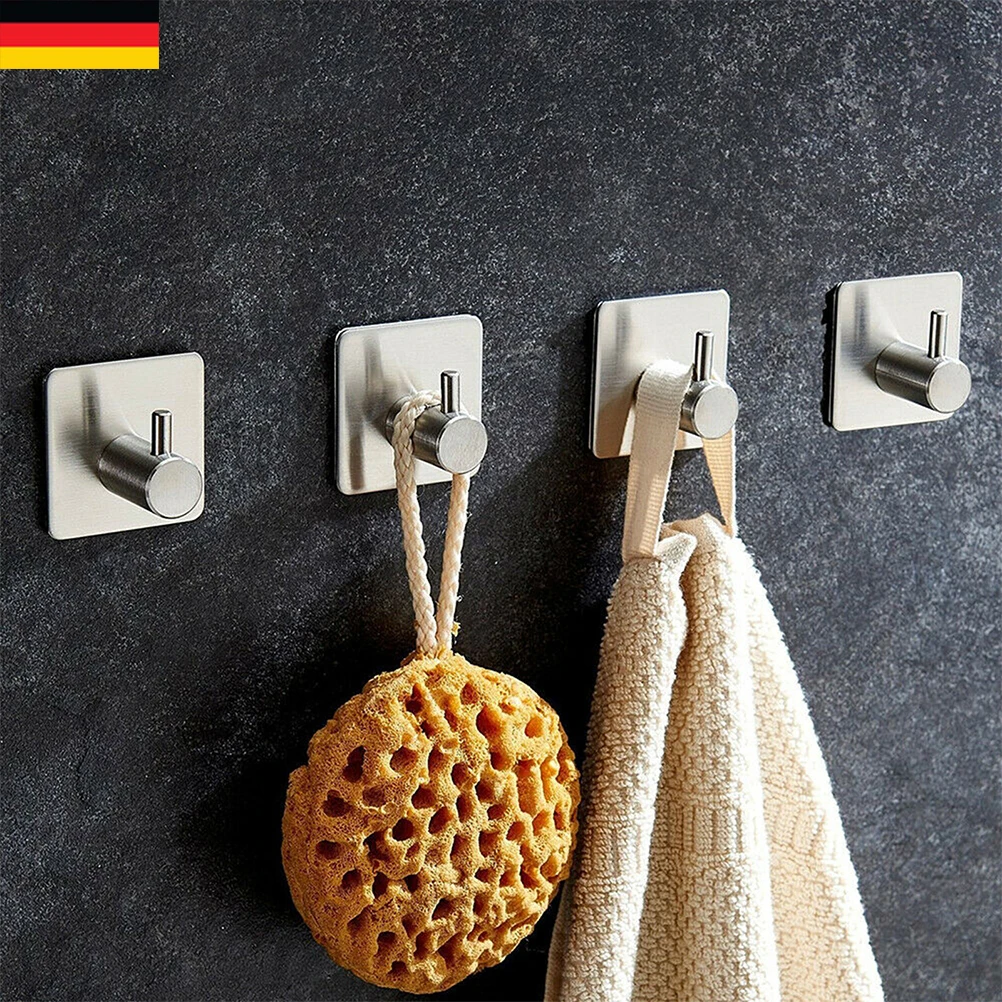 

4Pcs 304 Stainless Steel Hooks Strong Adhesive Wall Mount Metal Towel Coat Hanger Kitchen Bathroom Door Storage No Drill