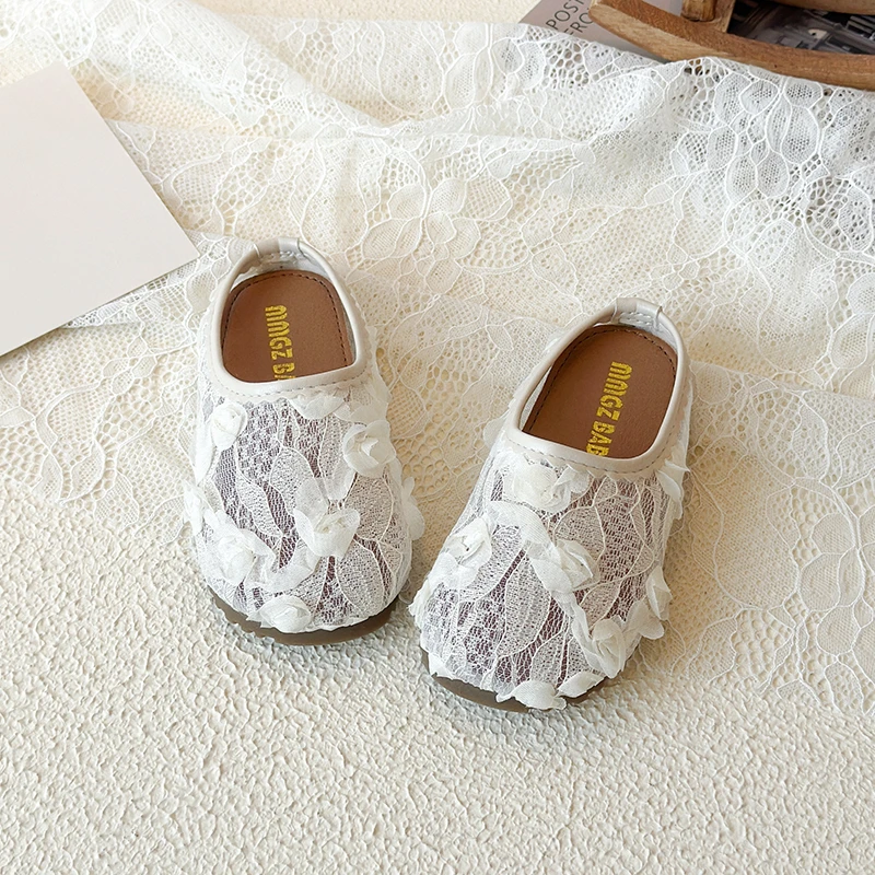 Girls Summer Lace Flower Sandals Petal Design Solid Color Half Sandals Soft Sole Summer Vacation Casual Shoes 21-30
