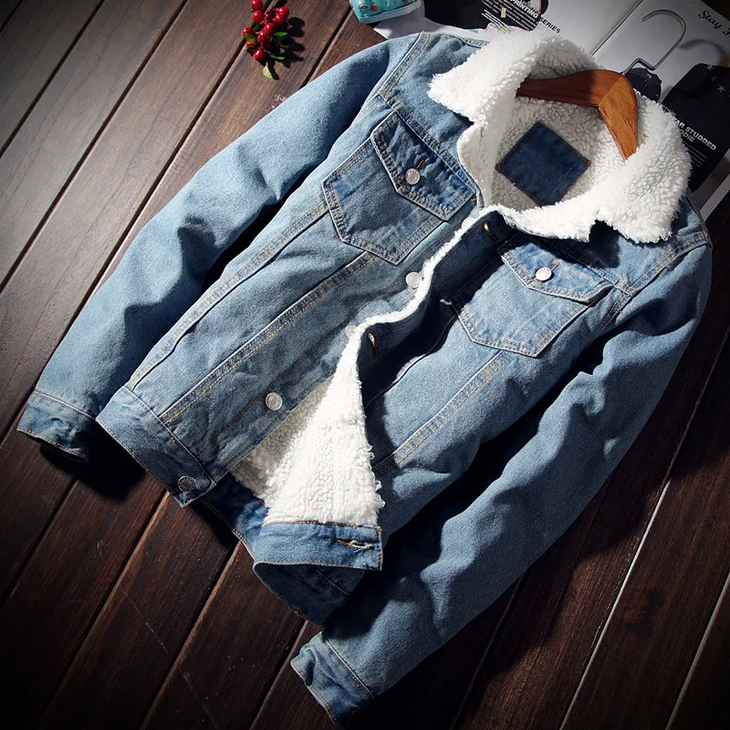 

Winter New Men's Fashion Trend Fleece Denim Jacket, Slim Fit, Thick Collar, Single Breasted Warm Casual Jacket