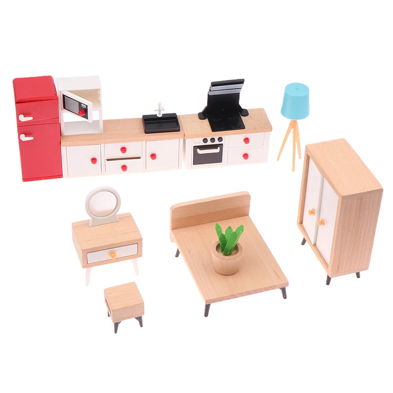 1:12 Puppenhausmöbel Holz Miniatur Schrank Bett/Couch/Stuhl/TV für Mädchen Puppen Puppenhaus Zubehör Rollenspiel Geschenke