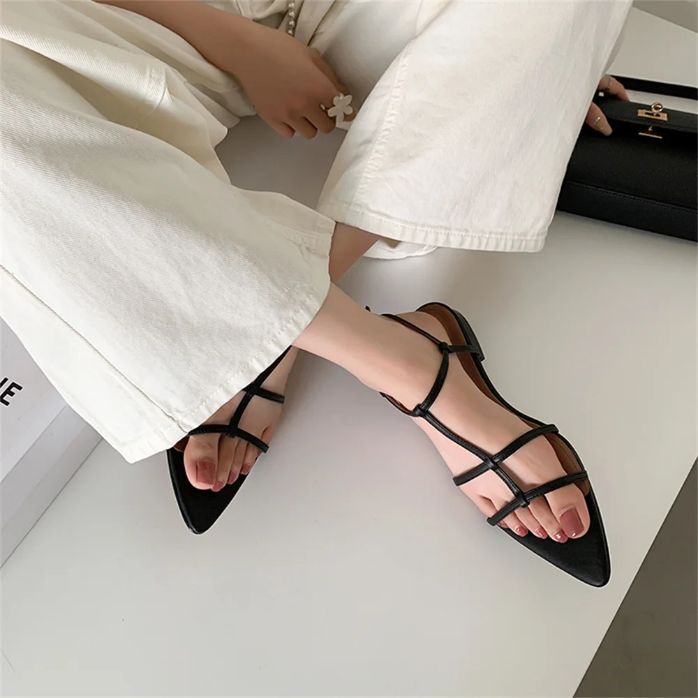 FEDONAS Fashion New Women Low Heels Sandals Genuine Leather Pointed Toe Buckles Rome Style Summer Shoes Woman Sandals