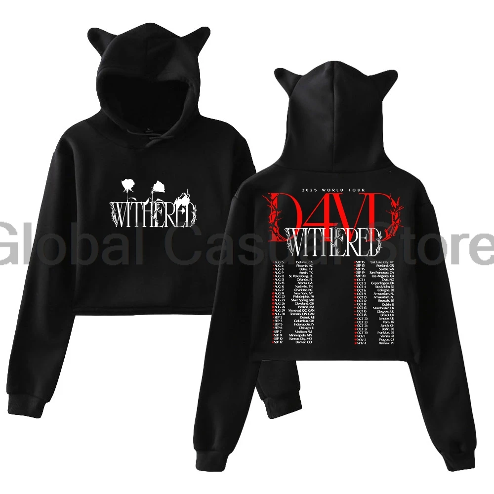 

D4vd Withered World Tour 2025 Hoodie Female Cat Ears Hooded Sweatshirts Long Sleeve Crop Top Women's Clothes