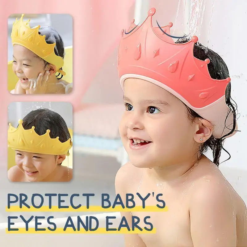 Gorro de ducha para bebé ajustable con corona, protector para el cabello, impermeable, para evitar que el agua entre en las orejas