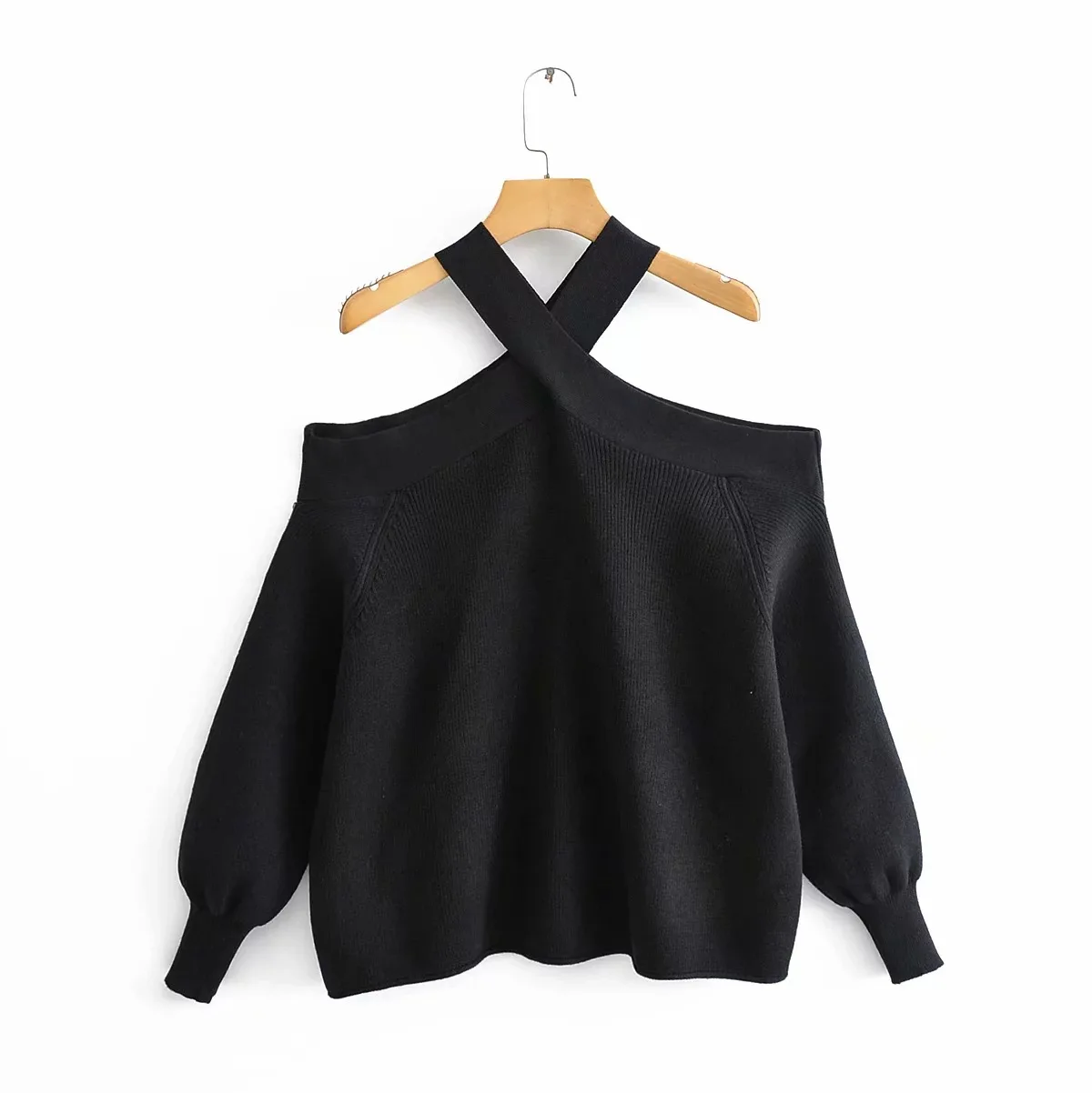 ผู้หญิง Halter COLLAR ปิดไหล่ถักเสื้อกันหนาวฤดูใบไม้ร่วงและฤดูหนาวใหม่อินเทรนด์ Chic Lantern Sleeve เสื้อกันหนาว