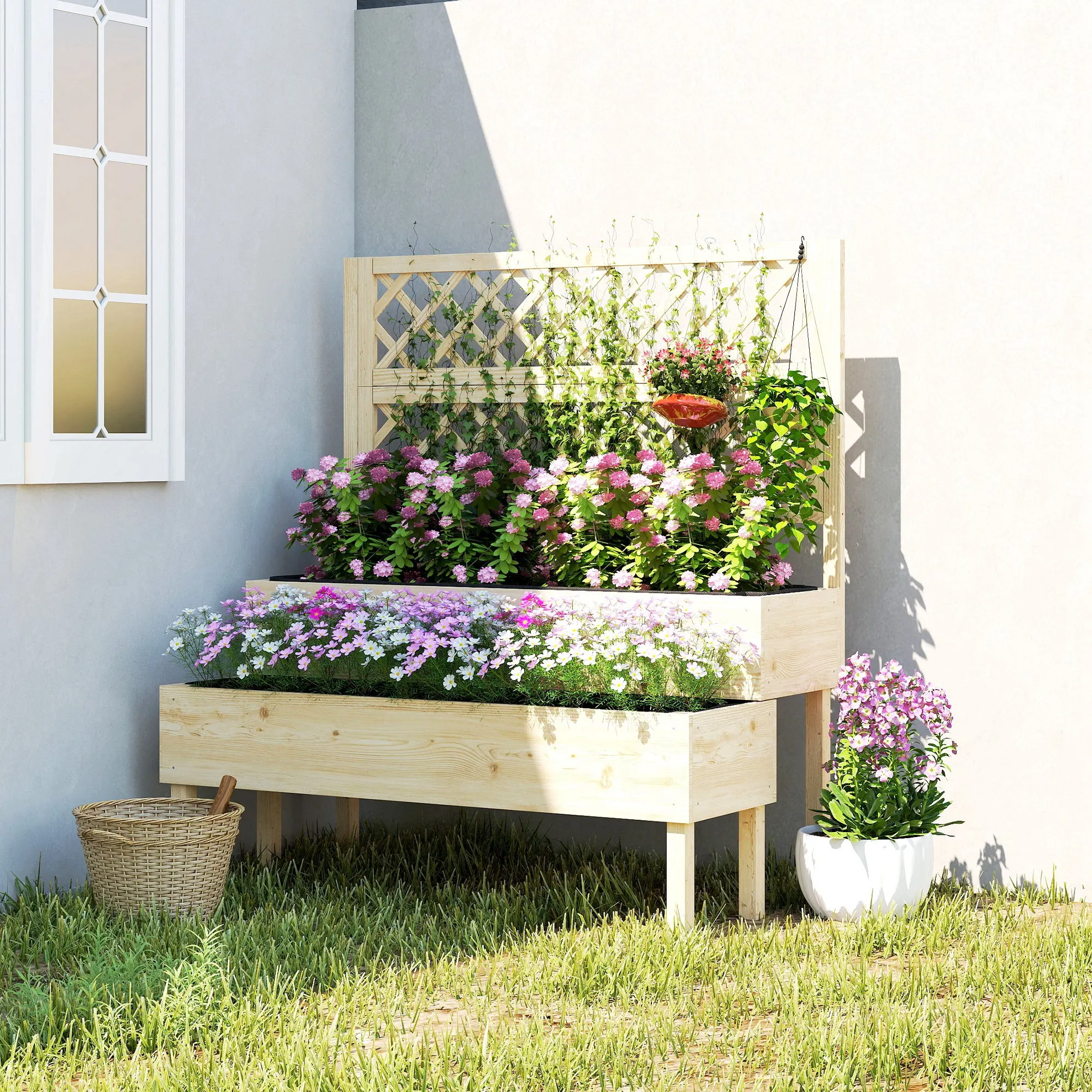 2-Tier Raised Garden Bed with Trellis, Elevated Planter Box for Climbing Plants, Natural