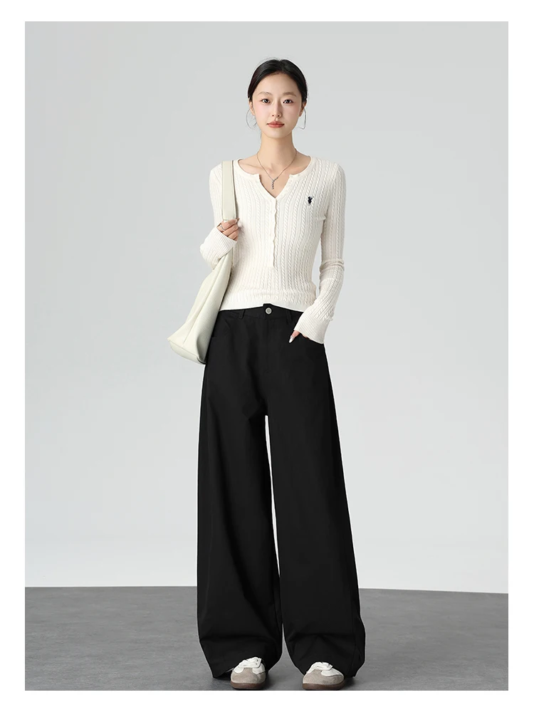 Hochgeschnittene Gerade Hose für Damen, Vintage-Stil mit Klappentasche, Gerade Weite Hose im Koreanischen Stil, Drapierendes Design, Schlankmachende Lange Hose – Detail 14