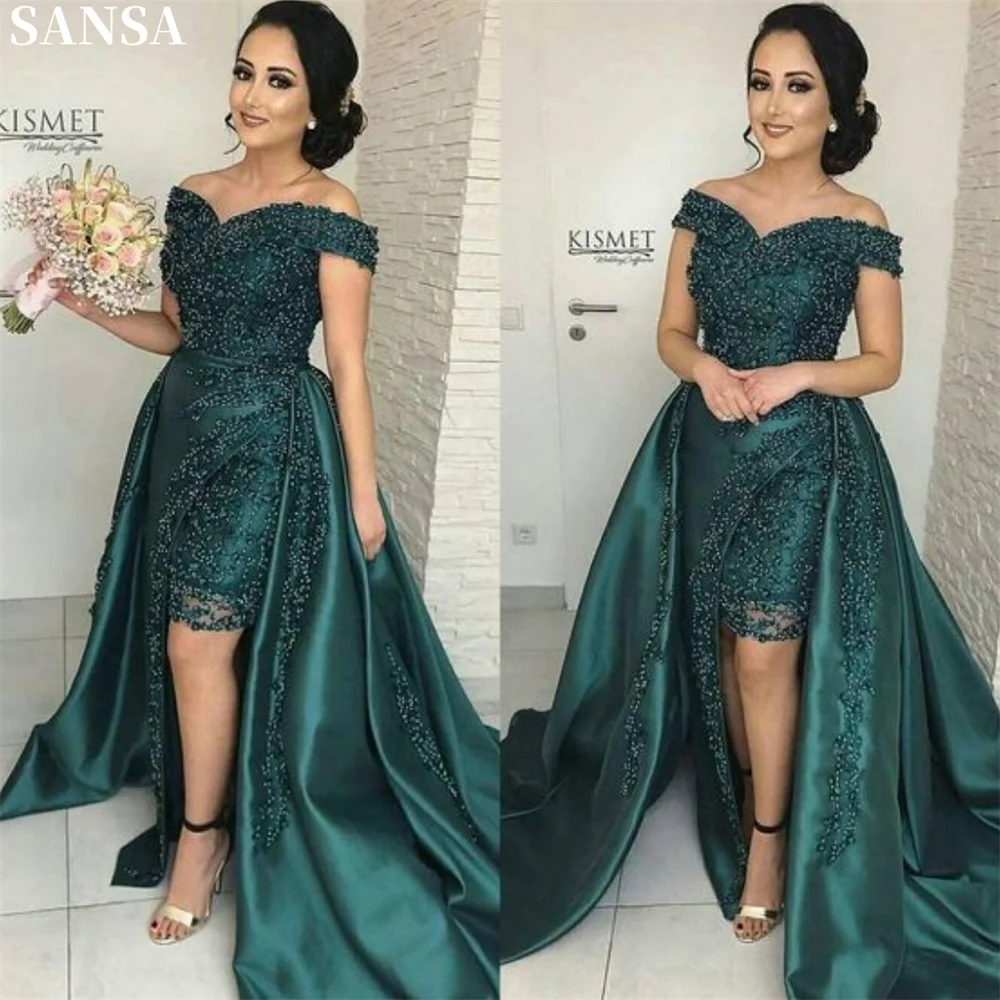 Sansa Green Satin Off the Shoulder Party Dresses Floor-Length Evening Dress A-Line Pleats High-Low vestidos de fiestas 2024