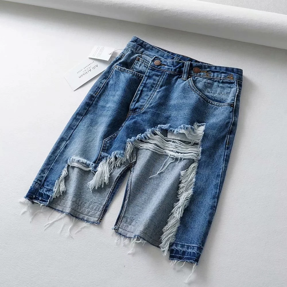 Dave&Di high street asymmetric burrs sexy Fork opening washed denim faldas mujer moda  skirt women 2piece set