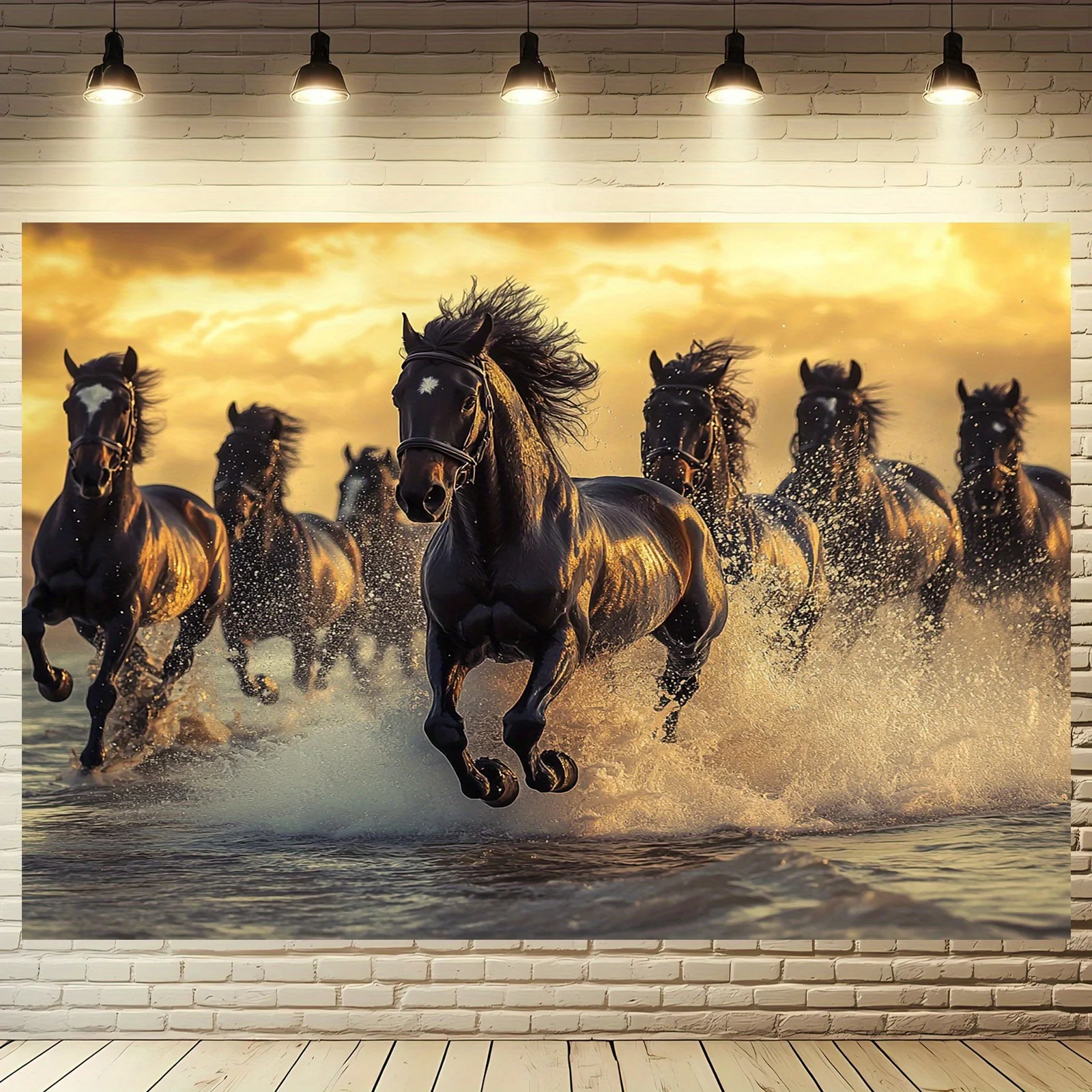 Mural de lienzo de caballo galopante vívido, diseño dinámico de caballo negro y marrón, material de poliéster, fondo de fiesta y fotografía, 1 ud.
