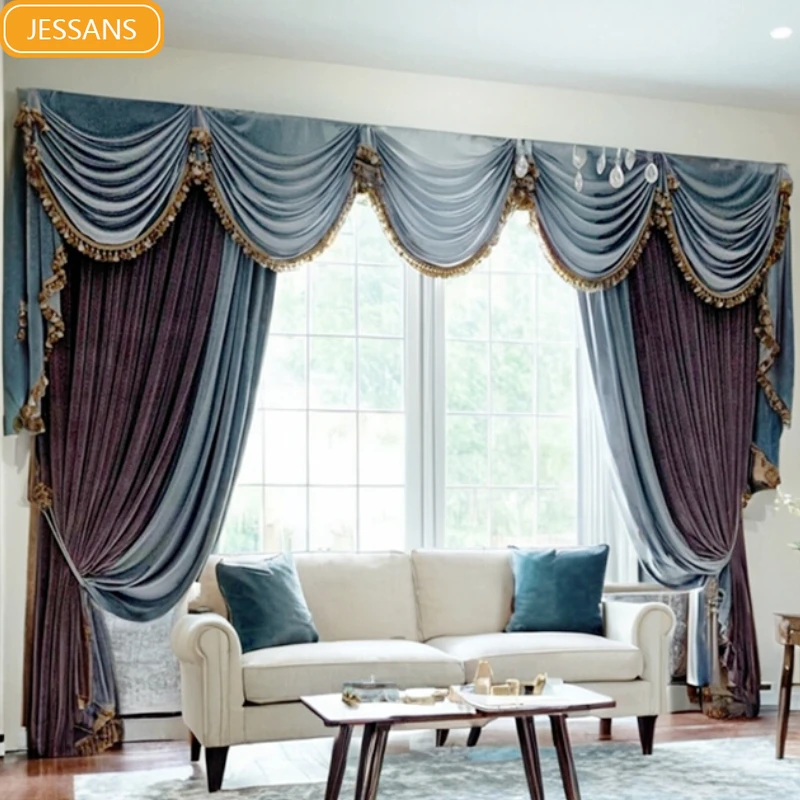 

Customized Gray Blue Velvet Splicing Blackout Curtains for Living Room Bedroom Balcony Bay Window Finished Valance