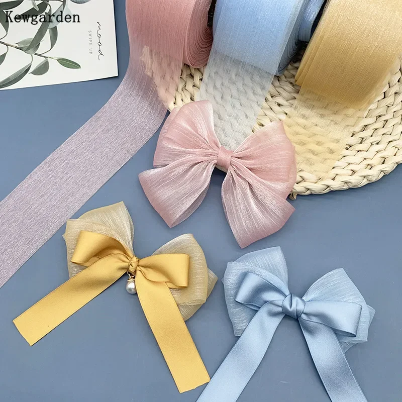Kewgarden Wholesale 6CM Stripe Wrinkle Tulle Ribbon Handmade Tape Voile Ribbons DIY Bowknot Accessories Riband 50 Yards