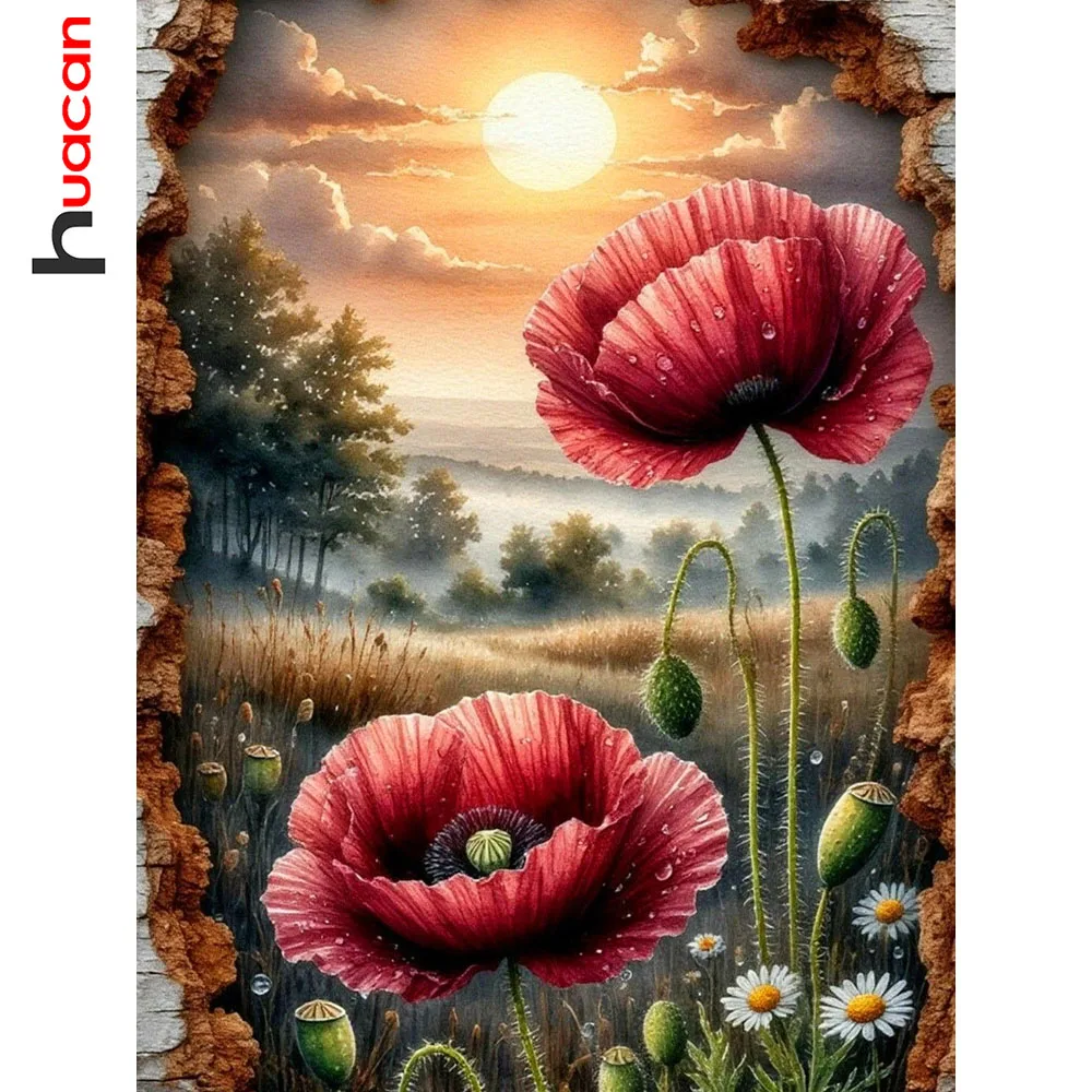 Huacan Diamantmalerei, Mohnblume, Sonnenuntergang, Diamantmosaik, Blumenlandschaft, komplettes Set, Bild aus Strasssteinen