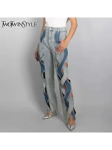 TWOTWINSTYLE Ihåliga Denim Casual Jeans För Damer Hög Midja Skarvade Fickor Chic Slim Lösa Byxor Dammode Stil Ny 10 best sales utskurna jeans - №5