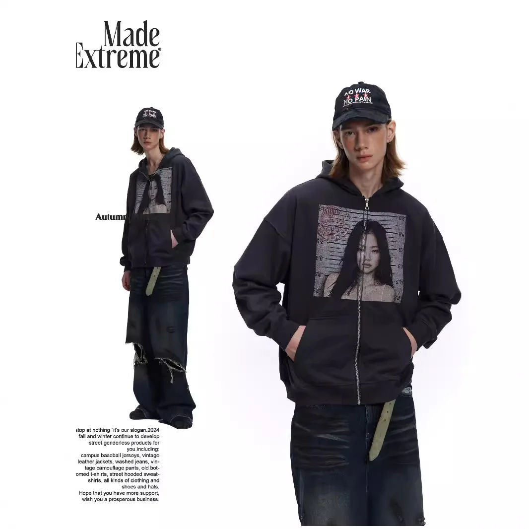 

MADE EXTREME Portrait Print Hoodie Streetwear Harajuku Zip Up Hoodie Unisex