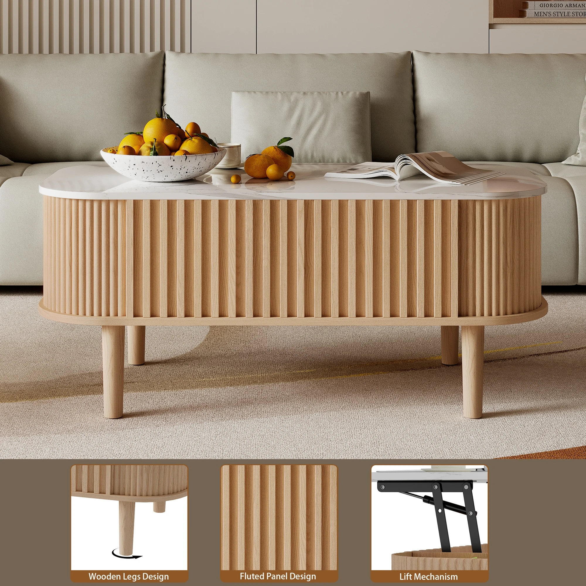 40" Lift Top Coffee Table with Storage, Faux Marble Tabletop & Solid Rubber Wood Legs, Mid-Century Modern Lift-Up Coffee Table f