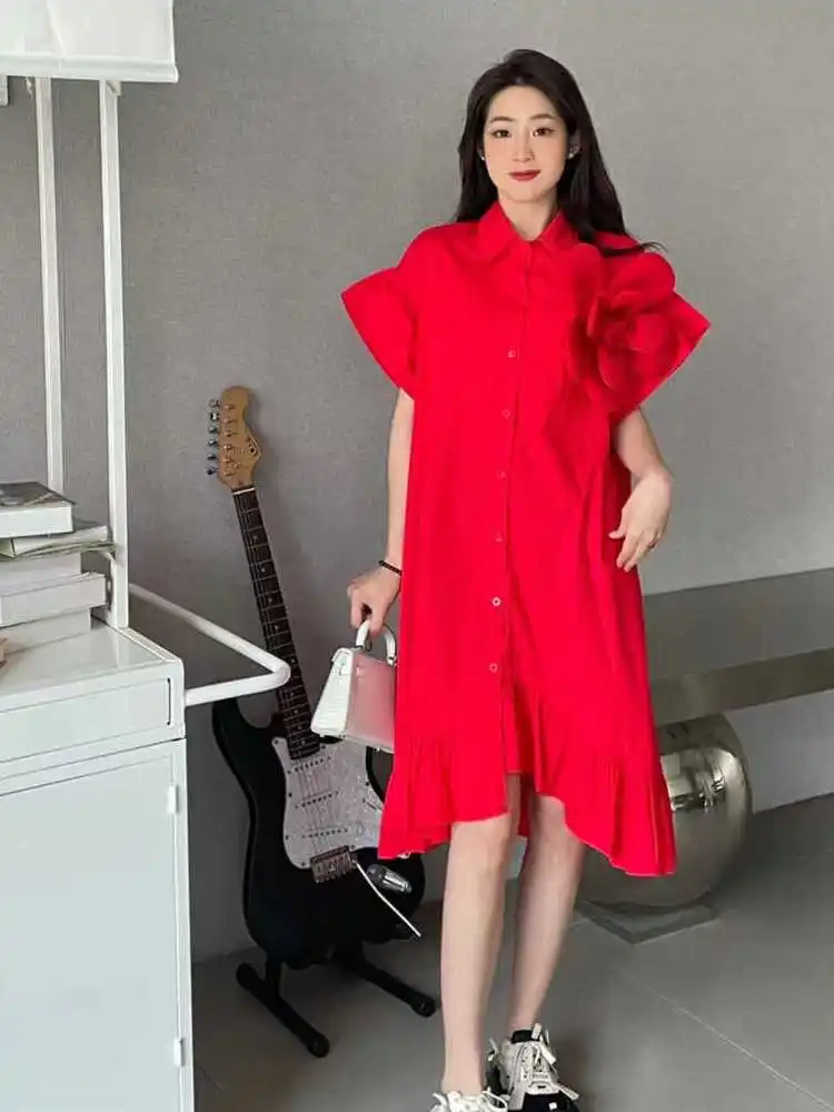 Fashion Mid-Length French Style Vestidos Three-Dimensional Flower Shirt Dress Women's Youthful-Looking Retro Chic Blusas Mujer