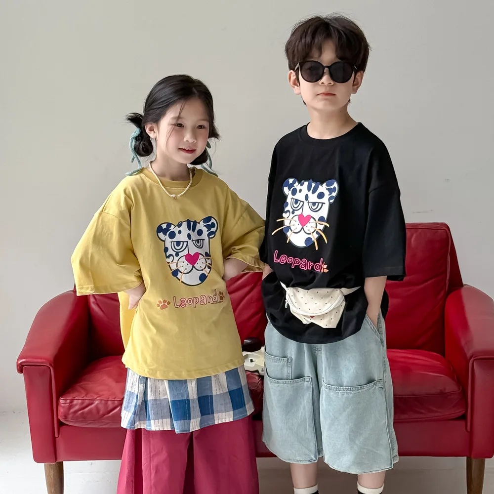 

2025 Summer Fashion Leopard Cartoon Print Kids T Shirts Cotton Children Short Sleeve Tops Girls Boys Casual T Shirt Baby Clothes