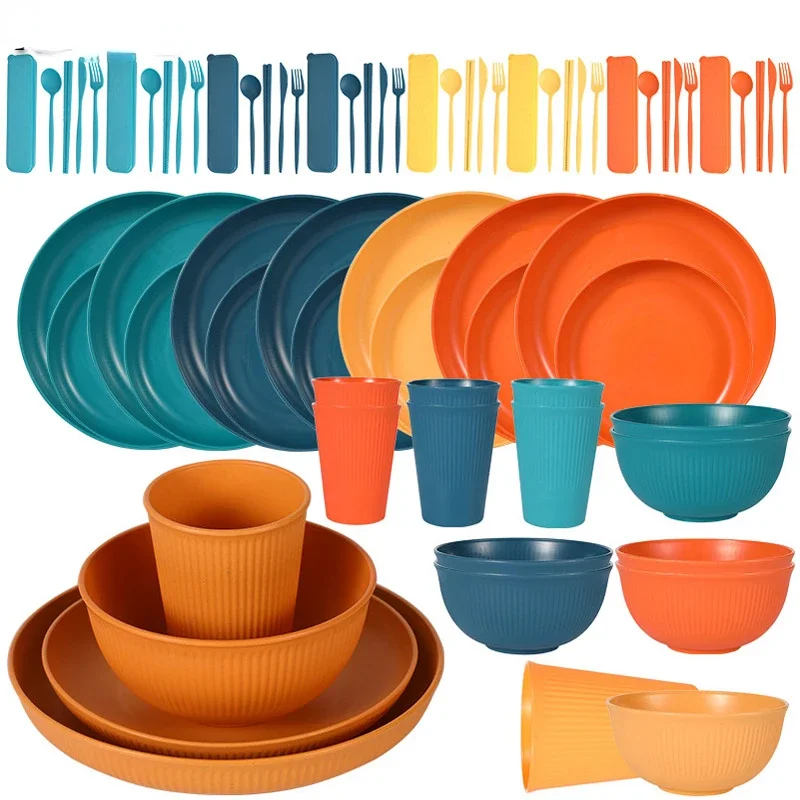 36pcs Plate Sets Wheat Straw Eco-Friendly Ramen Bowl Tableware Dinner Dishes Set Camping Tableware Set With Knife Fork Spoon