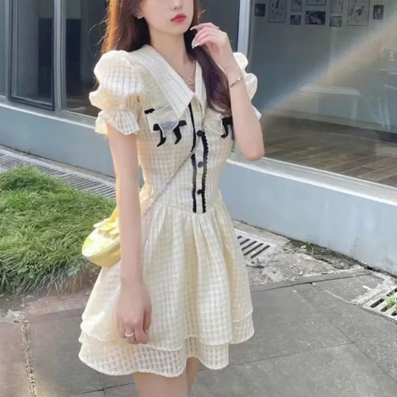 

Hotsweet Cupcake Dresses Fashion Lace Spliced Button Women's Clothing Sweet Bow Doll Collar Summer Thin A-Line Waist Mini Dress