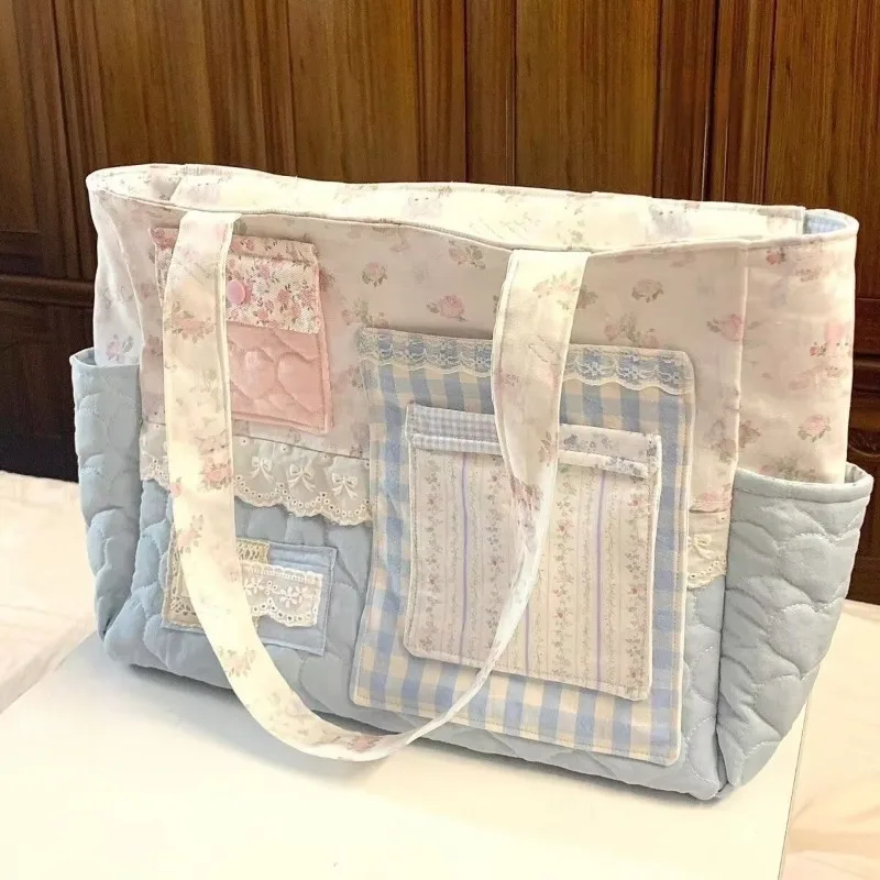Sweet Patchwork Canvas Tote Bag for Women Cute Large Capacity Shoulder Handbag for School Commute Versatile Student Book Shopper