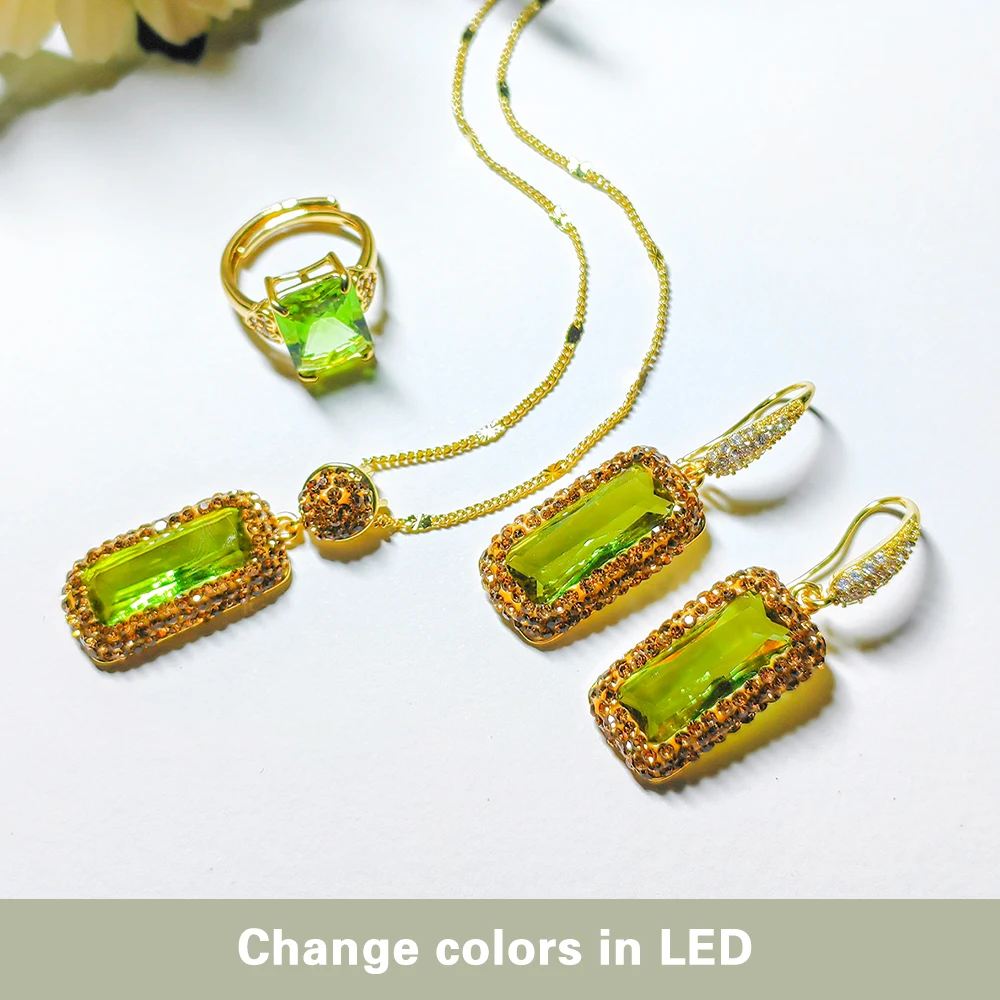 Color-changing suldanite Rectangular jewelry set adjustable ring necklace earrings three sets different lights change colors