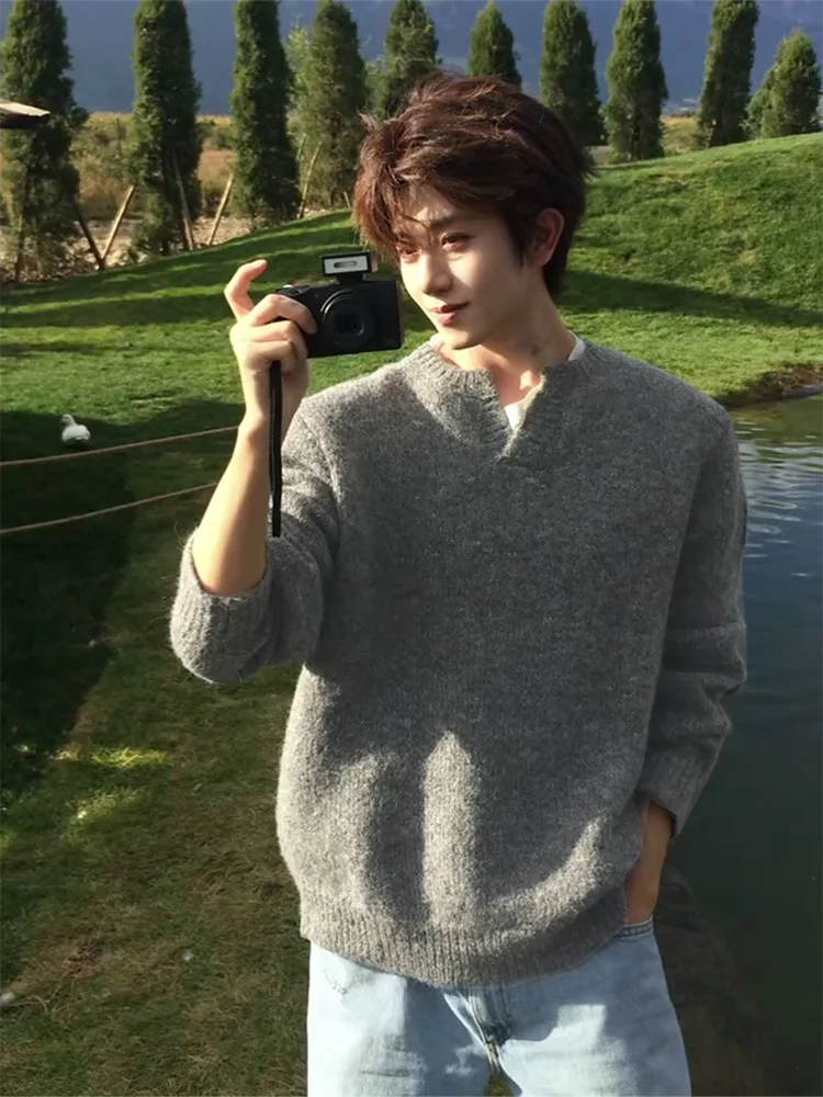 

Мужской трикотажный лонгслив Cleanfit серого цвета с V-образным вырезом, базовый слой, плотный, в американском стиле, свободный крой, повседневный, с длинным рукавом