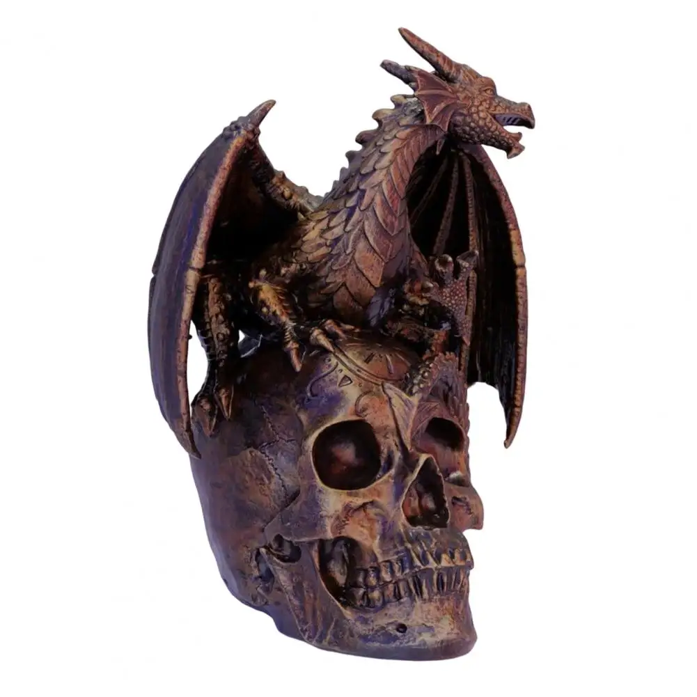 Modern Art Deco Decor Flying Dragon Skull Resin Statue Dragon on Skull Figurine Steampunk Gearwork Skeleton for Halloween