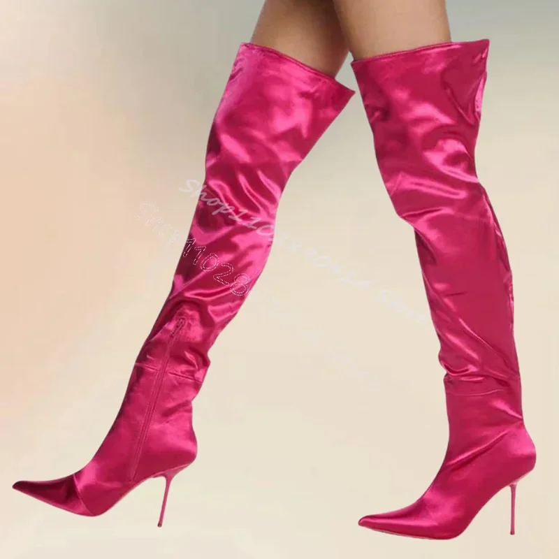 

Rose Red Silk Thigh High Pointed Toe Boots Side Zipper Women Shoes Thin High Heels Fashion Party Feast 2025 Zapatos Para Mujere