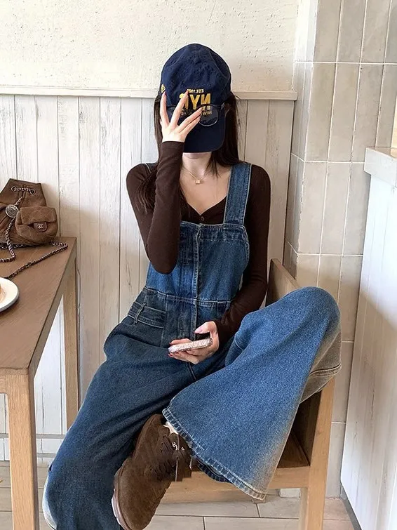 American Retro Denim Overalls Women's Spring Autumn New Heavy adient Lazy Loose Wide Leg Workwear Overall Pants