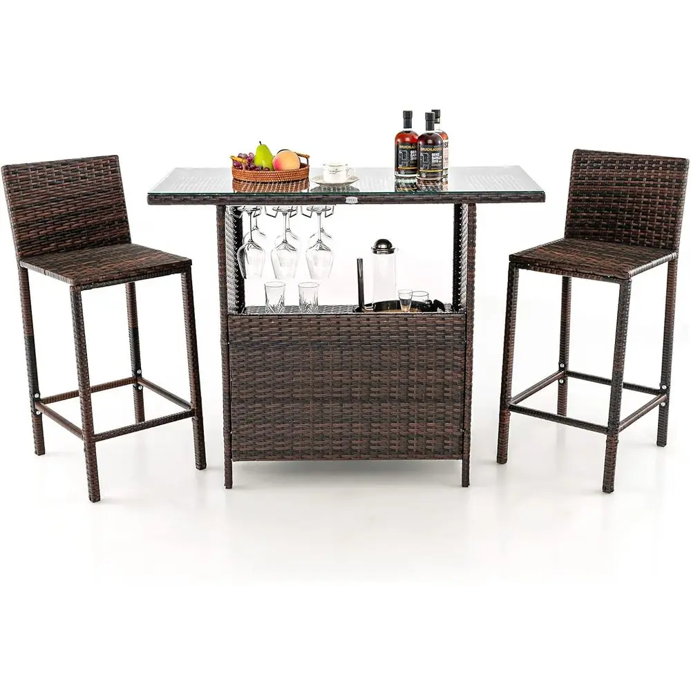 

3 Piece Mix Brown Outdoor Wicker Bar Set Patio Bar Height Table and Stools with 3 Rows Stemware Racks Hidden Storage Shelf and T