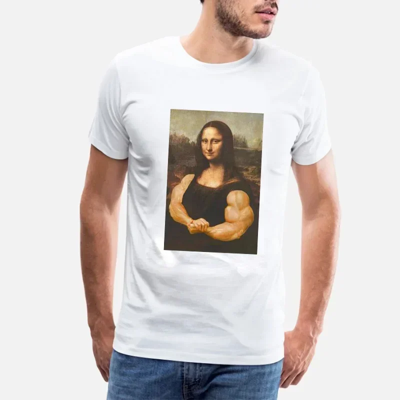 Muscles Gym Parody Funny Hilarious Painting Casual Graphic Tshirts Camise Fashion Short-sleeve Tee Mona Lisa Bodybuilding Shirt