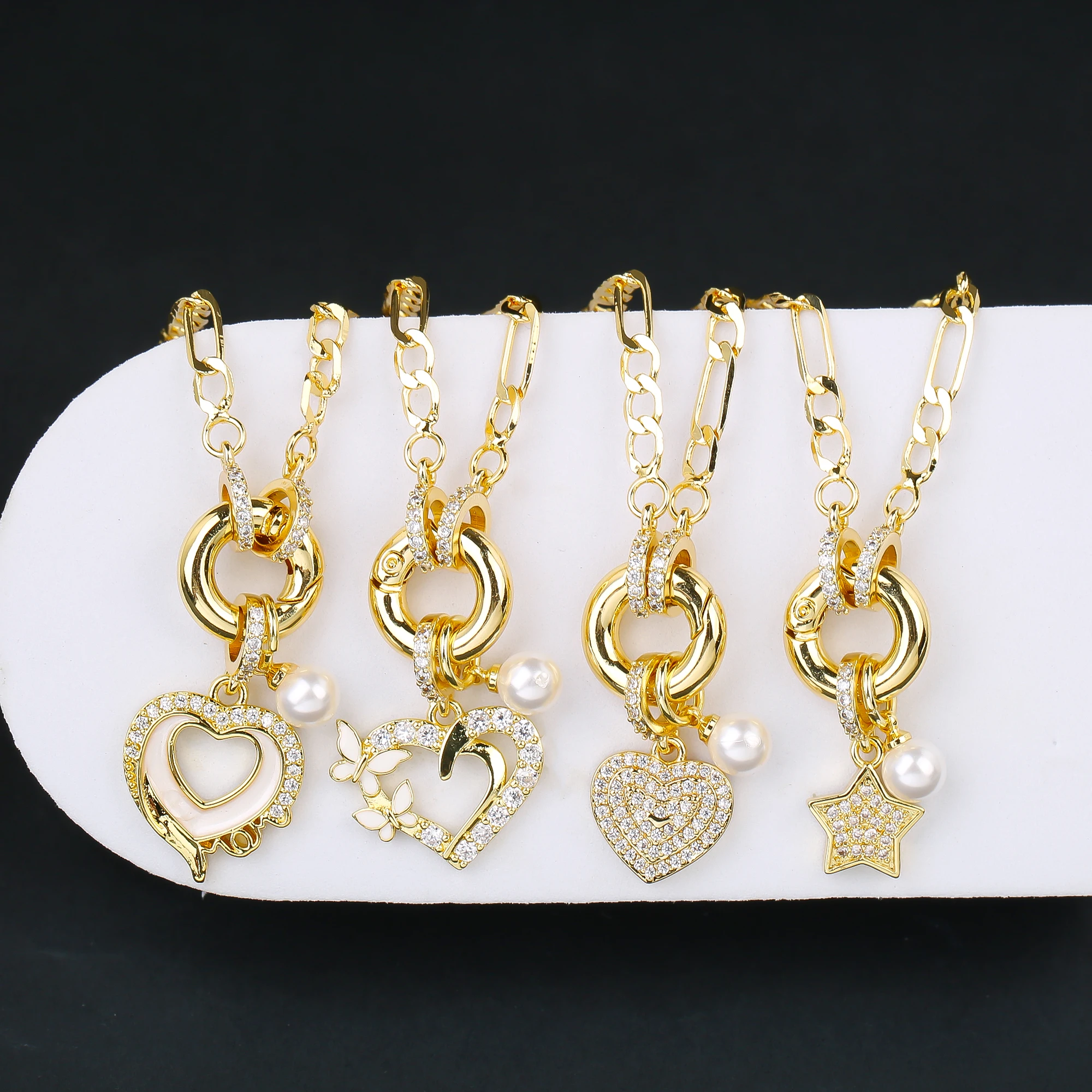 High Quality Gold Color 3:1 Chain Heart Shape Star Zirconia Pendant Necklace Charm for Woman Girl New Fashion Jewelry Wholesale