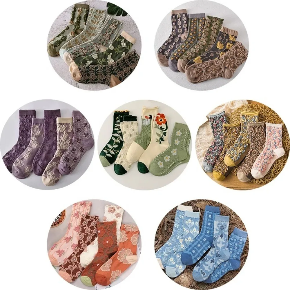 5 Pairs Soft Women Textured Socks Palace Style Colorful Mid Length Socks Three-Dimensional Comfortable Long Stockings