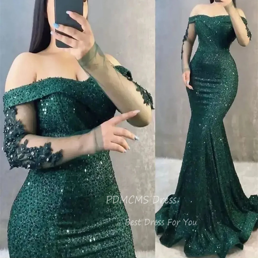 Sexy Sequin Mermaid Evening Dresses Customized Prom Dress Long Sleeves Women Plus Party Gowns Shiny Floor Length Robes De Soirée