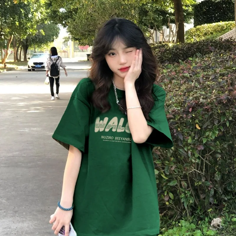 

DAYIFUN Letter-printed Women's T-shirts Summer Korean Round Neck Short Sleeve Girls' Tshirts Loose Long Oversize Streetwear Top