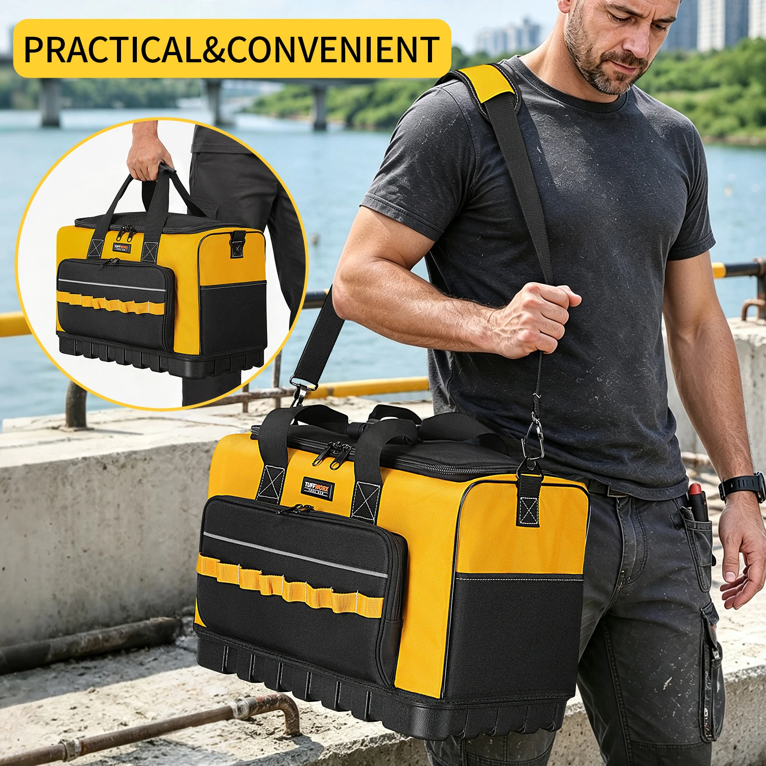 TUFFWORX Tool Bag with Hard Bottom , Heavy Duty Tool Tote with Multiple Pockets, Tool Bag with Adjustable Shoulder Strap,