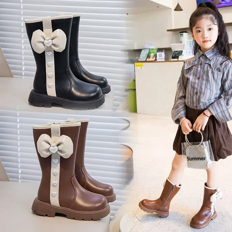 Children's Autumn Boots Solid Color Girls High Boots School Black Brown Kids Long Boots Leather Zipper Bow Tie Decoration