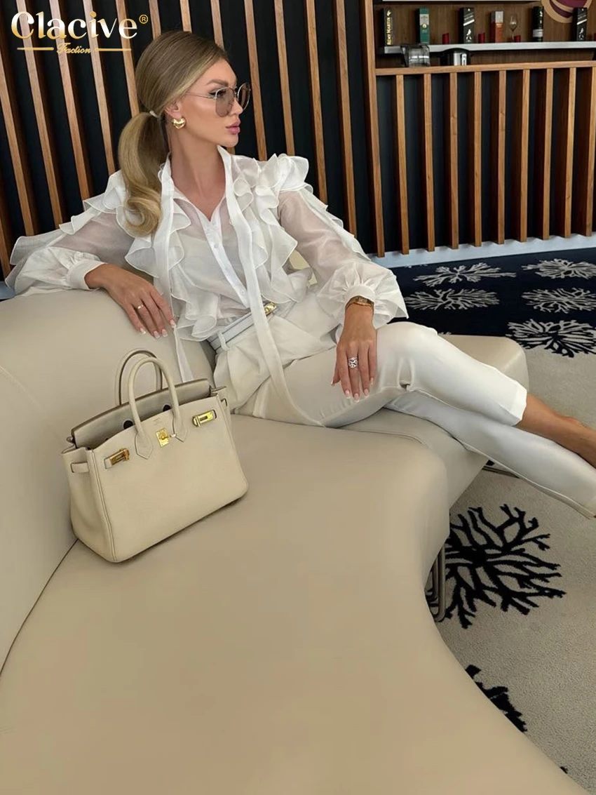 Clacive Sexy Loose White Women's Shirt 2025 Fashion Ruffle Collar Long Sleeve Shirts Elegant See Through Top Female Clothing