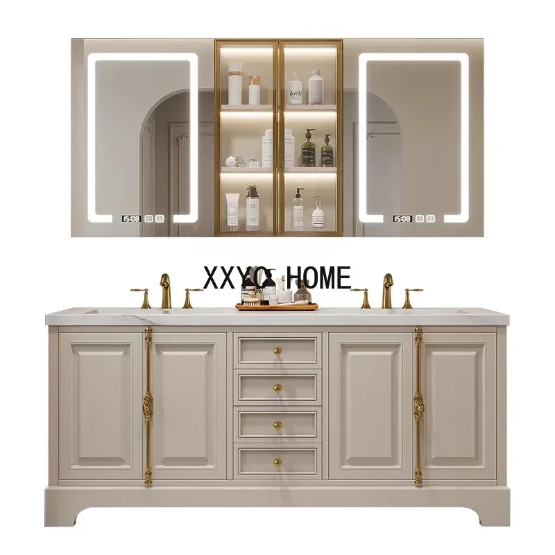

Luxury European American Smart Oak Bathroom Cabinet Combination Bathroom Stone Plate Washstand Hand Washing Bathroom Cabinet