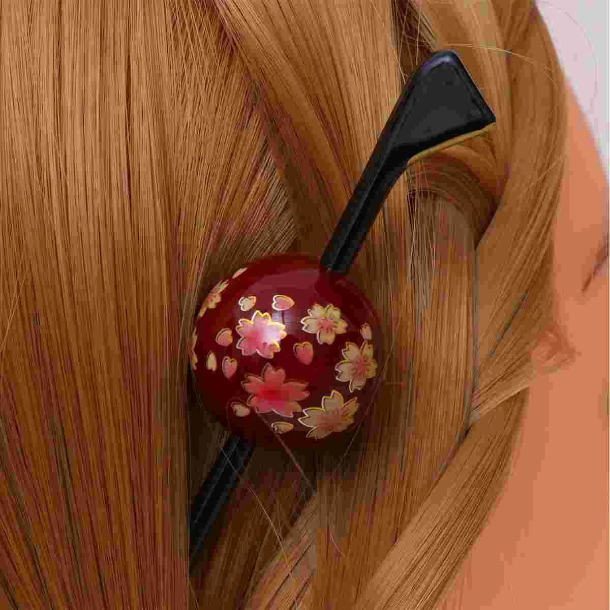 1PC Classic Hair Sticks Golden End Decorative Hairpin with Ball Pendant Printed with Cherry Blossom Pattern (Red)